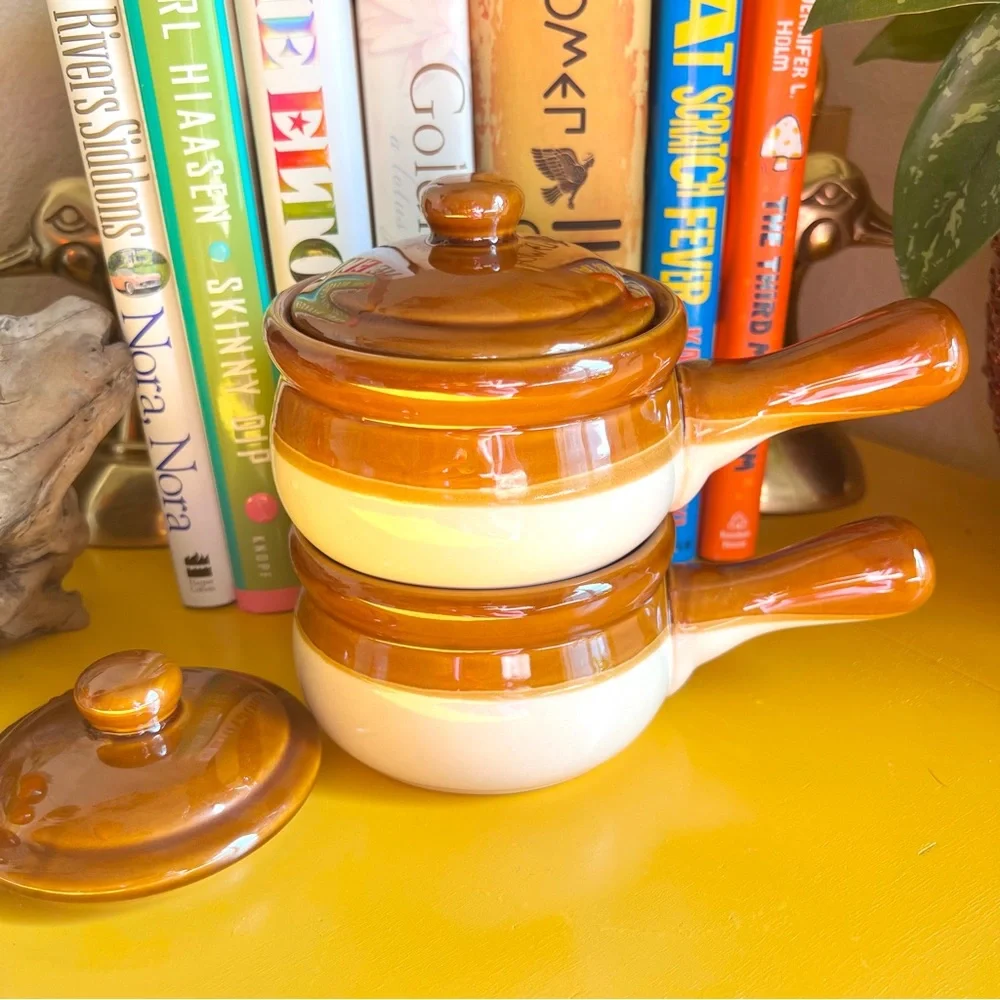 Vintage Set of Two Tri Dipped Ombre Brown Glazed Potters Soup Bowls With Lids